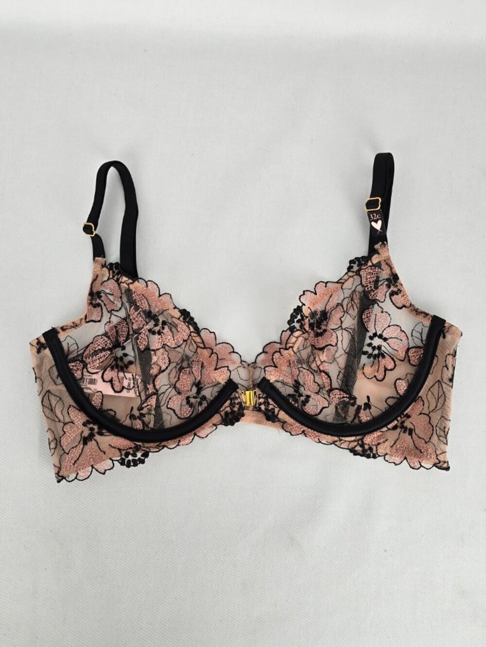 Victoria’s Secret Very Sexy Unlined Demi Lace Bra 32C Pink Black Floral Sheer